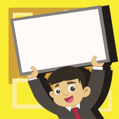 Genç erkek öğrenci boş yükseltmek tahta çerçeveli. Kravat tutarak yukarı doğru boş beyaz tahta başının üzerinde çocukta gülümseyerek. Mutlu duyuru ve temalı olaylar yaratıcı arka plan fikri.