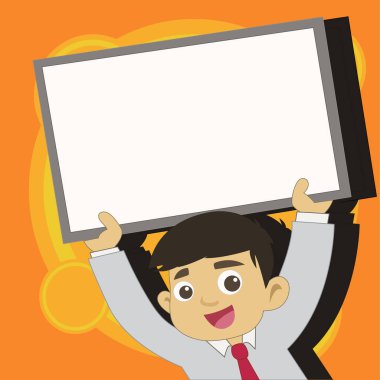 Genç erkek öğrenci boş yükseltmek tahta çerçeveli. Kravat tutarak yukarı doğru boş beyaz tahta başının üzerinde çocukta gülümseyerek. Mutlu duyuru ve temalı olaylar yaratıcı arka plan fikri.