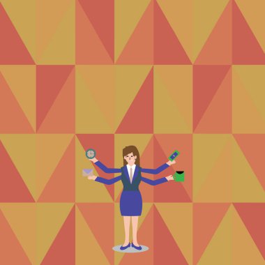 Yana doğru dört kol Exending ile ayakta iş elbiseli kadın. 4 bacaklarda işçiler şeyler tutarak ile iş kadını. Çalışkan insanlar ve emek sorun yaratıcı arka plan fikri.