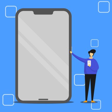 Büyük boş ekran cep telefonu parlak etkisi ile işaret ve bir gadget'ı tutan kişi ayakta. Yansıma ve açgözlü cep telefonu başka bir taraftan dev Smartphone sunan adam.