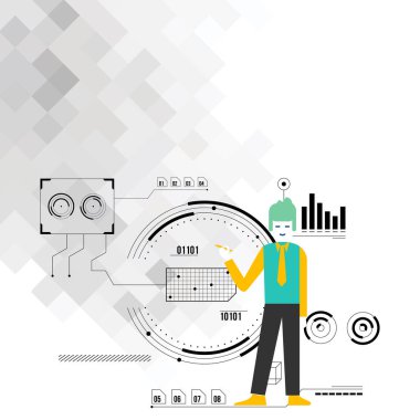 Adam ayakta tutan kalem ve grafik diyagramı için işaret. Arka plan Seo sürecinin ve döngüsü simgeleri ile doludur. Sunum, en iyi duruma getirme ve rapor için yaratıcı fikir.