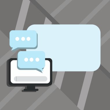 Masaüstü bilgisayar monitör ekran ilerleme çubuğu ile Stand monte. İki renkli konuşma sohbet balonları üç noktalı. Metin ve grafikler için Pastel gölgede dikdörtgen boşluk.