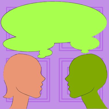 Erkek ve kadın renkli siluet yan görünümü profili şekil ile paylaşılan düşünce konuşma balonu Illustration. Aynı inançları, ilkeleri ve ortaklık için yaratıcı arka plan fikir.