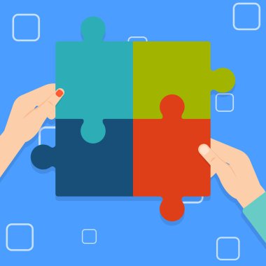 Puzzle parçaları bir araya getirmek insan erkek ve kadın eli Illustration. Dört renkli Jigsaw fayans birbirine ve Tesselating. Takım çalışması ve ortaklık için yaratıcı arka plan.
