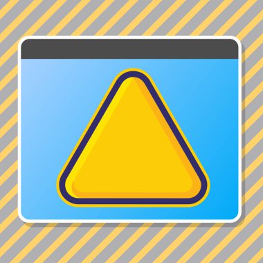 Boş Tablet ekran içinde sarı renk üçgen sıraladı. Uyarı işaretleri ve teknik seçenekleri yaratıcı arka plan fikri. Üç tarafı çokgen Web sitesi düğmesi olarak kabartmalı kenarlıklı.