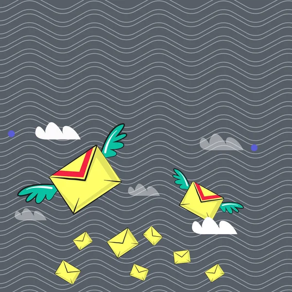 Muchos sobres voladores coloridos del correo aéreo y dos de ellos con alas para la entrega expresa. Antecedentes creativos Idea de medios de comunicación, promoción, innovación y tecnología . — Vector de stock