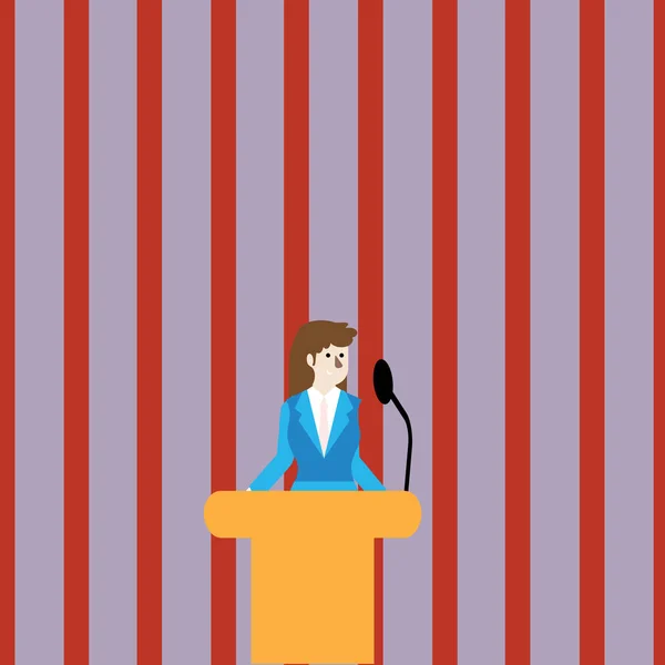 Woman in Business Suit Standing Behind Colorful Podium Rostrum photo and Speaking on Wireless Microphone. Businesswoman in Lectern Speaker Stand Talking on Built In Mic System. — Stock Vector