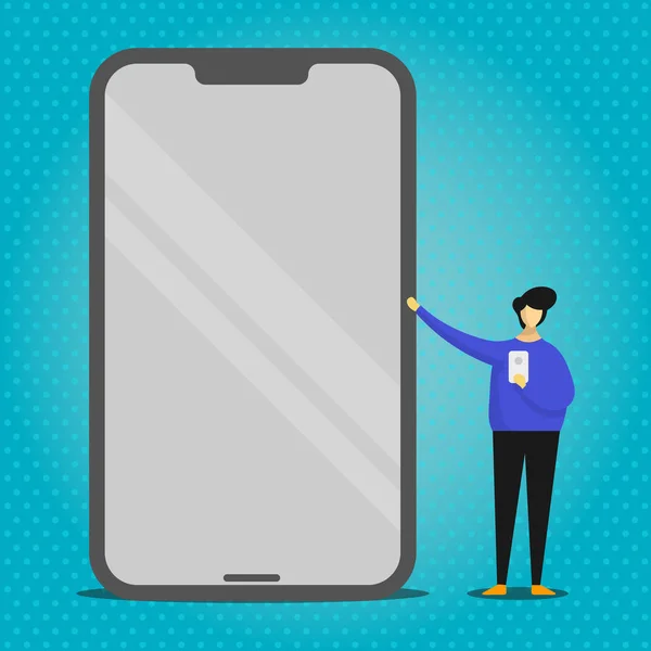 Person Standing Pointing to Huge Blank Screen Mobile with Shiny Effect and Holding a Gadget. Man Presenting Giant Smartphone with Reflection and Grasping Cellphone on Another Hand. — Stock Vector