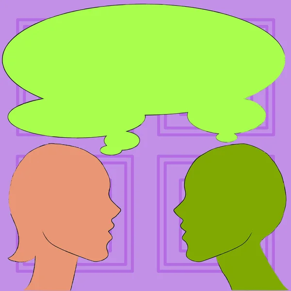 Erkek ve kadın renkli siluet yan görünümü profili şekil ile paylaşılan düşünce konuşma balonu Illustration. Aynı inançları, ilkeleri ve ortaklık için yaratıcı arka plan fikir. — Stok Vektör