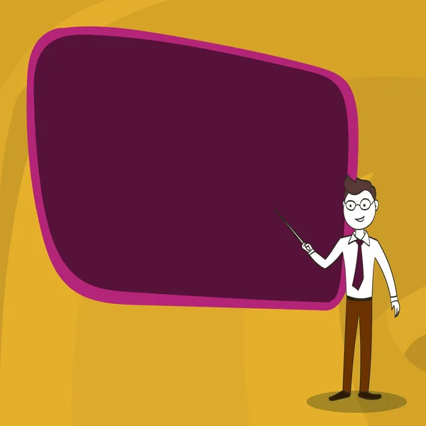 Mannen i halsduk, glasögon och Stick pekar på Blank färg Board. Självsäker manliga Infront av tom skärm genomför föreläsning. Kreativ bakgrund idé för rapport och Presentation. — Stock vektor