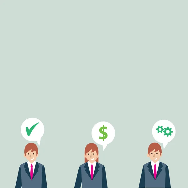 Ilustración de tres personas de negocios con cada uno tiene burbuja de habla con iconos de costo de optimización. Idea de Antecedentes Creativos para Informes Financieros Empresariales y Anuncios Start Ups . — Archivo Imágenes Vectoriales