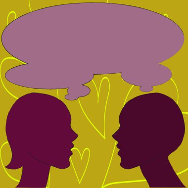 Erkek ve kadın renkli siluet yan görünümü profili şekil ile paylaşılan düşünce konuşma balonu Illustration. Aynı inançları, ilkeleri ve ortaklık için yaratıcı arka plan fikir.