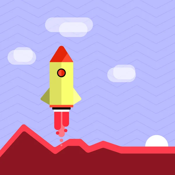 Lancement coloré de navette spatiale Rocketship avec des montagnes et des nuages. Idée d'arrière-plan créative pour la promotion et les annonces de nouveaux produits, services et démarrage d'entreprise . — Image vectorielle