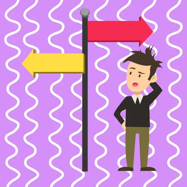Uomo in piedi con una mano sulla testa l'altra sul fianco e viso confuso. Due frecce segnaletiche stradali che indicano la direzione opposta. Idea creativa per la pubblicità informativa . — Vettoriale Stock