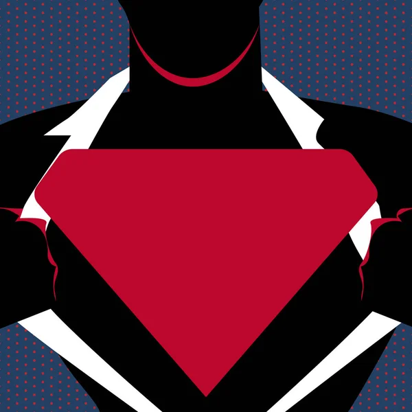 Man in Superman Pose Opening Shirt para revelar o logotipo triangular em branco. Silhueta masculina com homem de aço marca vazia em seu peito. Perfil de super-herói com emblema de triângulo no peito . —  Vetores de Stock