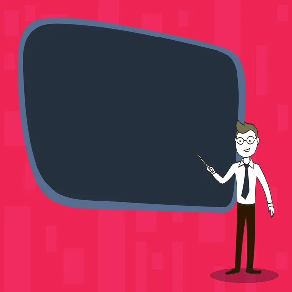 Man in Necktie, Eyeglasses and Stick Pointing to Blank Color Board. Confident Male Infront of Empty Screen Conducting Lecture. Creative Background Idea for Report and Presentation. — Stock Vector