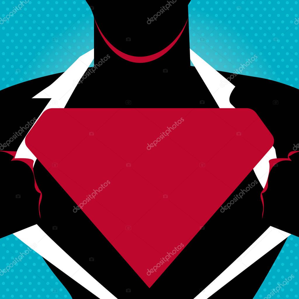 Man in Superman Pose Opening his Shirt to reveal the Blank Triangular Logo Design business concept Empty copy space modern abstract background