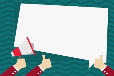 Bir yandan elinde megafon ve diğer iki başparmak yukarıya el hareketi. Boş dikdörtgen düz renk konuşma balonu şeklinde. Başarıları ve promosyonlar için yaratıcı arka plan.