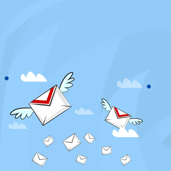 Muchos sobres voladores coloridos del correo aéreo y dos de ellos con alas para la entrega expresa. Antecedentes creativos Idea de medios de comunicación, promoción, innovación y tecnología . — Vector de stock