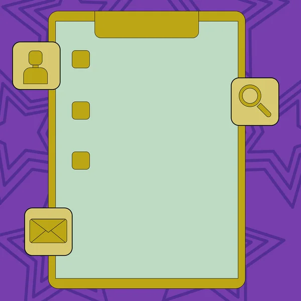 Fargerik Clipboard med Tick Box og Three Apps Icons, forstørrelsesglass, Chat Head, Envelope. Kreativ bakgrunnsangivelse for sjekkliste for vurdering, påminnelser, ajourføringer og underretning . – stockvektor