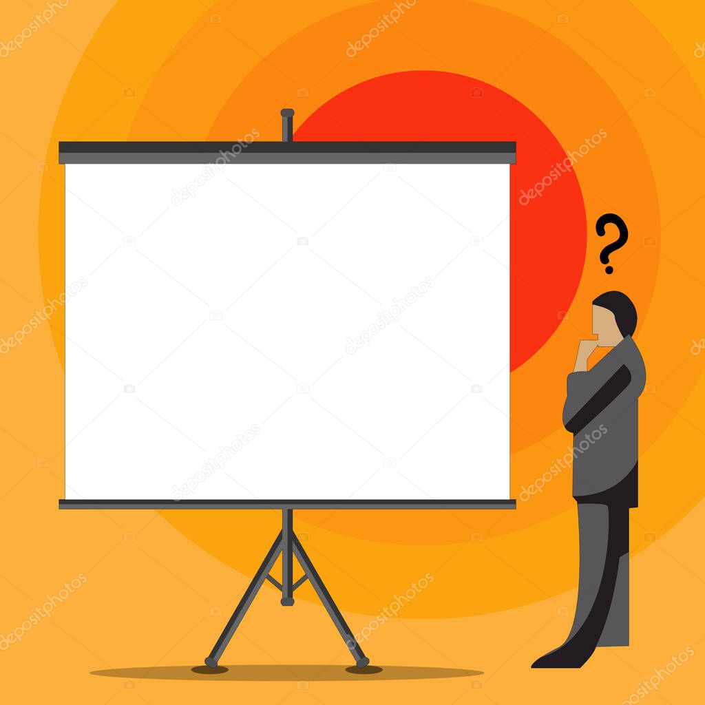 Man in Suit Standing with Question Mark Above his Head Looking at Blank Projector Board on Tripod. Illustration of Confused Businessman Thinking Beside White Big Screen on Stand.