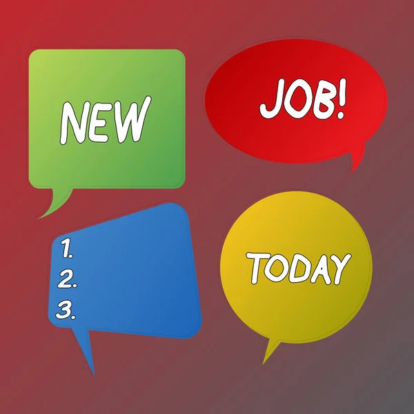 Handwriting text New Job. Concept meaning recently having paid position of regular employment Blank Speech Bubble Sticker in Different Shapes and Color for Multiple Chat. — Stock Photo, Image