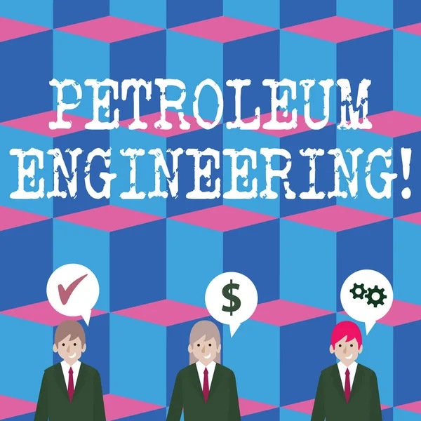 Writing note showing Petroleum Engineering. Business photo showcasing Activities related to the production of hydrocarbons Businessmen has Speech Bubble with Optimization Cost Icons. — Stock Photo, Image