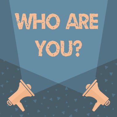 Kimin soru olduğunu gösteren Not yazma. Kimlik veya demonstratingal bilgi gösterme hakkında soran iş fotoğraf vitrine Spotlight aşağı yukarı Megaphones gelen zemin üzerinde crisscrossing.