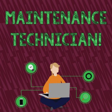 El yazısı metin bakım teknisyeni. Kavram anlam sorun giderme ve üretim ekipmanları korumak kadın oturan çapraz bacaklar yerde Teknik simgeler ile Laptop tarama.