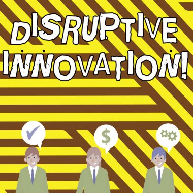 Yıkıcı yenilik gösteren kavramsal el yazısı. Ticari fotoğraf metin yerleştirme kurulan marketleading firmalar veya ürün Işadamları en Iyileştirme maliyet simgeleri ile konuşma kabarcık var.