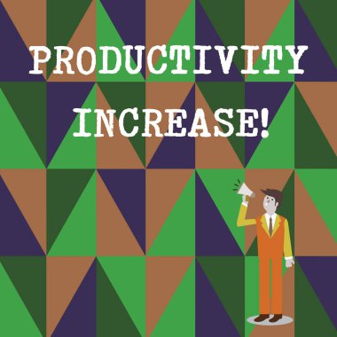 Conceptual hand writing showing Productivity Increase. Business photo text Labor productivity growth More output from worker Businessman Looking Up and Talking on Megaphone with Volume Icon.