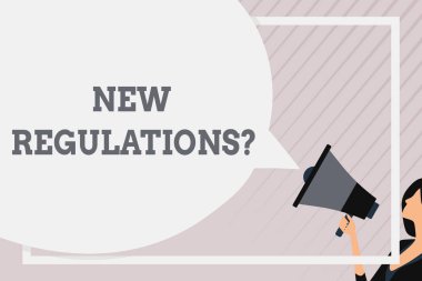 Yeni yönetmelikler sorusu gösteren Not yazma. İş fotoğraf vitrine kuralları bir şey yapılır kontrol etmek için hükümet emri yaptı konuşma kabarcık yuvarlak şekil. Kadın Holding renkli megafon.