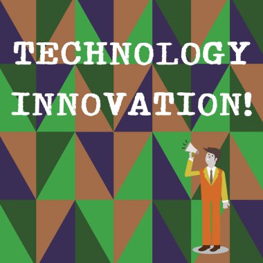 Teknoloji Inovasyonunu gösteren kavramsal el yazısı. İş fotoğraf metin önemli teknik değişiklikler ürün ve süreçleri iş Işadamı arıyor ve ses simgesi ile megafon üzerinde konuşan.