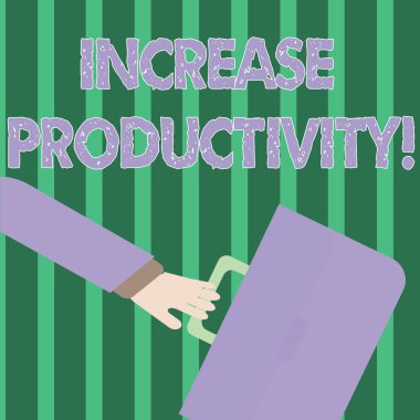 El yazısı metni verimliliği artırın. Kavram anlamı üretim süreçlerinin verimliliğini artırma acele Işadamı kol aşağı geri ve el tutma renk evrak çantası.