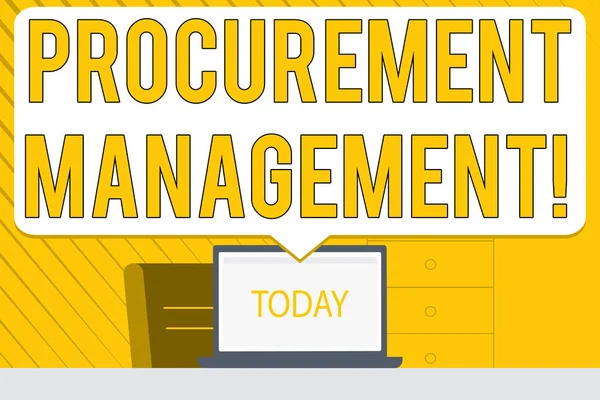 Word writing text Procurement Management. Business concept for obtaining products and services from external firm Blank Huge Speech Bubble Pointing to White Laptop Screen in Workspace Idea.