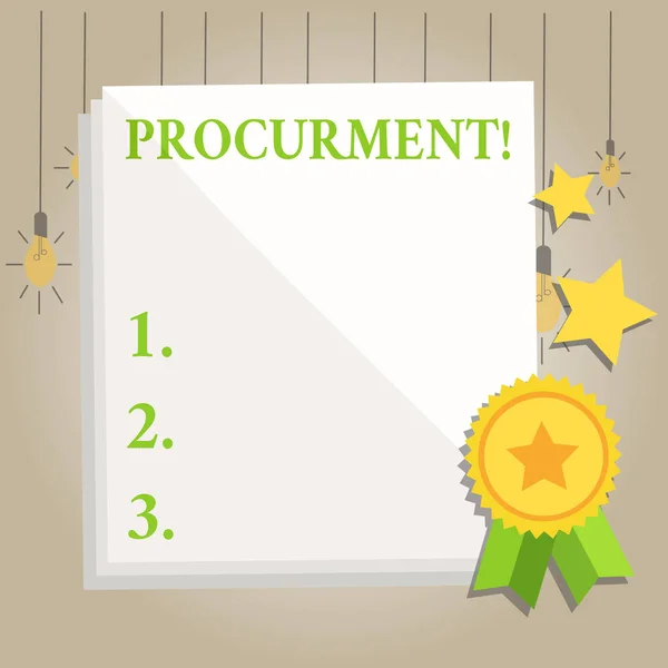 Writing note showing Procurment. Business photo showcasing action of acquiring military equipment and supplies White Sheet of Parchment Paper with Ribbon Seal Stamp Label. — Stock Photo, Image