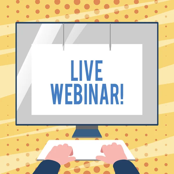 Conceptuele hand schrijven toont live webinar. Zakelijke foto tekst presentatie lezing of seminar verzonden over web handen op het toetsenbord front White monitor met Screen Protector. — Stockfoto