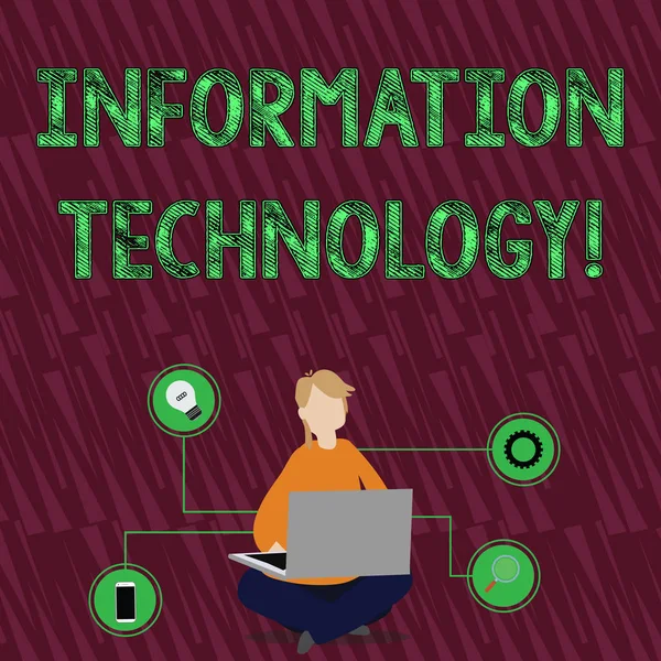 手書きテキスト情報技術。概念を意味する科学とコンピュータシステムを利用する活動女性は床の上に足を組んで座ったテクニカルアイコンでノートパソコンを閲覧. — ストック写真