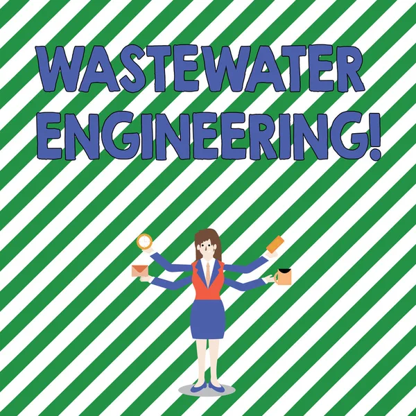 Handwriting text Wastewater Engineering. Concept meaning engineering methods to improve sanitation in publics Businesswoman with Four Arms Extending Sideways Holding Workers Needed Item. — Stock Photo, Image