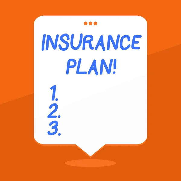 Handwriting text writing Insurance Plan. Concept meaning provide benefits like risk cover fixed income return safety Blank Space White Speech Balloon Floating with Three Punched Holes on Top.