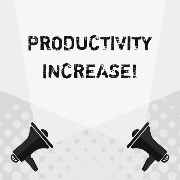 Text tecken som visar produktivitets ökning. Konceptuell bild arbets produktivitets tillväxt mer utdata från arbets tagaren blank dubbel Spotlight crisscrossing uppåt från två Megaphones på golvet. — Stockfoto