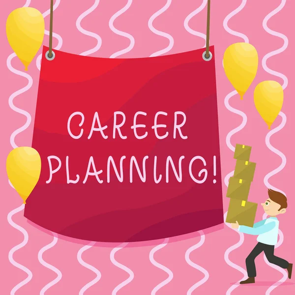 Text sign showing Career Planning. Conceptual photo ongoing process where you Explore interests and abilities Man Carrying Pile of Boxes with Blank Tarpaulin in the Center and Balloons.