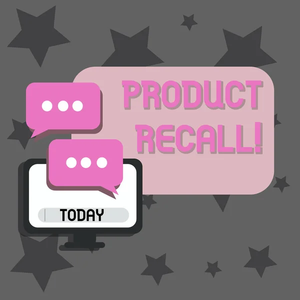 Nota di scrittura che mostra Product Recall. Business photo showcase richiesta analysisufacturer restituire il prodotto dopo i problemi di scoperta Monitor e due palloncini discorso con tre punti per Chat Icona . — Foto Stock