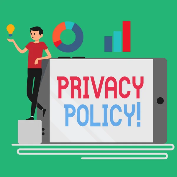 Text sign showing Privacy Policy. Conceptual photo statement or legal document that discloses ways party gathers Man Leaning on Blank Smartphone Turned on Its Side with Graph and Idea Icon.