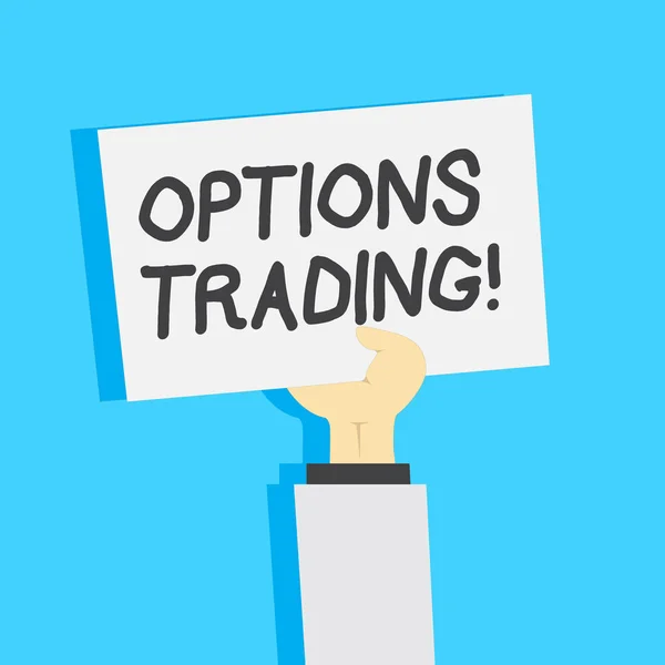 Handwriting text writing Options Trading. Concept meaning seller gives buyer right but not obligation buy sell shares Clipart of Hand Holding Up Blank Sheet of White Paper on Pastel Backdrop.
