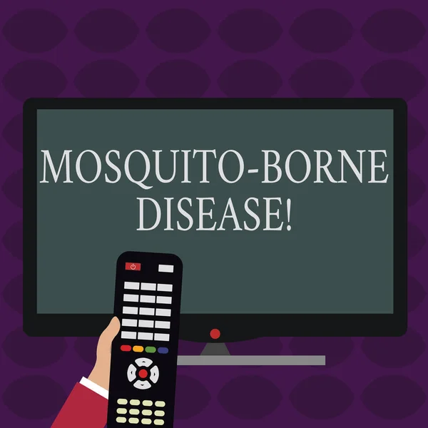 Handwriting text writing Mosquito Borne Disease. Concept meaning illnesses caused parasites transmitted by mosquitoes Hand Holding Computer Remote Control infront of Blank Wide Color PC Screen.