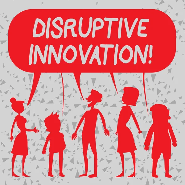 Word writing text Disruptive Innovation. Business concept for displacing established marketleading firms or product Silhouette Figure of People Talking and Sharing One Colorful Speech Bubble. — Φωτογραφία Αρχείου