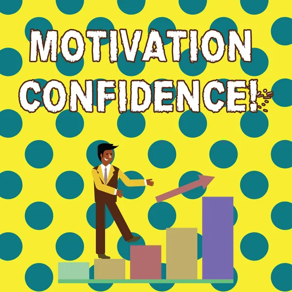 Conceptual hand writing showing Motivation Confidence. Business photo text Level of desire to accomplish a specified outcome Smiling Businessman Climbing Bar Chart Following an Arrow Up. — Stock Photo, Image