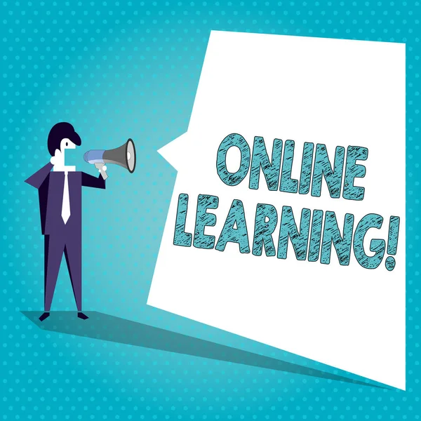 Text sign showing Online Learning. Conceptual photo refers to course program or degree delivered on internet Businessman Shouting on Megaphone and Blank White Uneven Shape Speech Bubble.