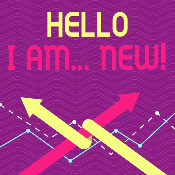 Znak tekstowy przedstawiający Hello I am New. Koncepcyjny zdjęcie używane jako powitanie lub rozpocząć rozmowę telefoniczną dwie strzałki, gdzie jeden jest przeplatane do innych jako zespół lub konkurencji. — Zdjęcie stockowe
